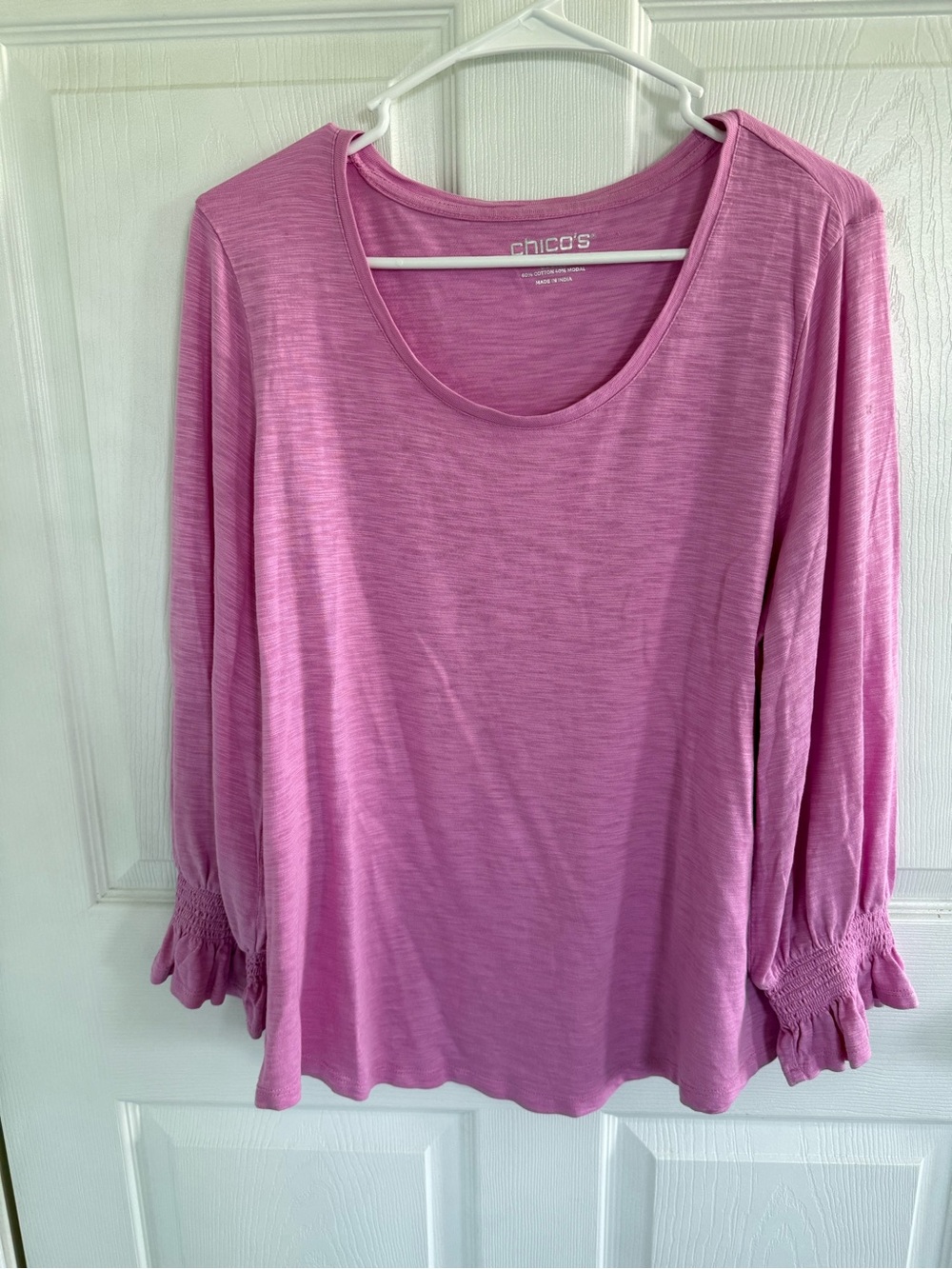 Chico’s Size 2 Pink Cotton Modal Ruffle Sleeve Top Teacher Capsule Fall